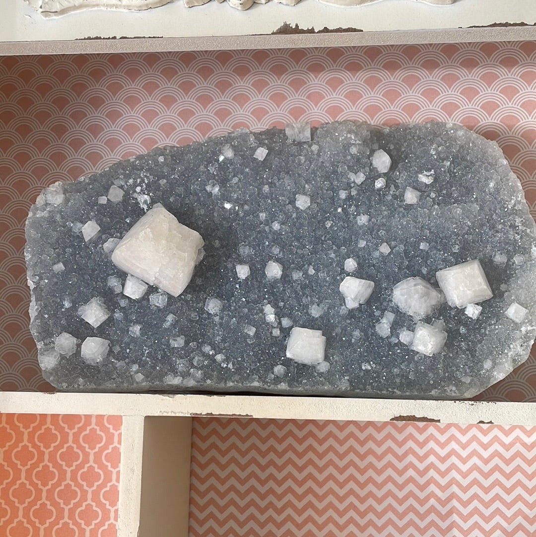 Apophyllite on Blue Chalcedony