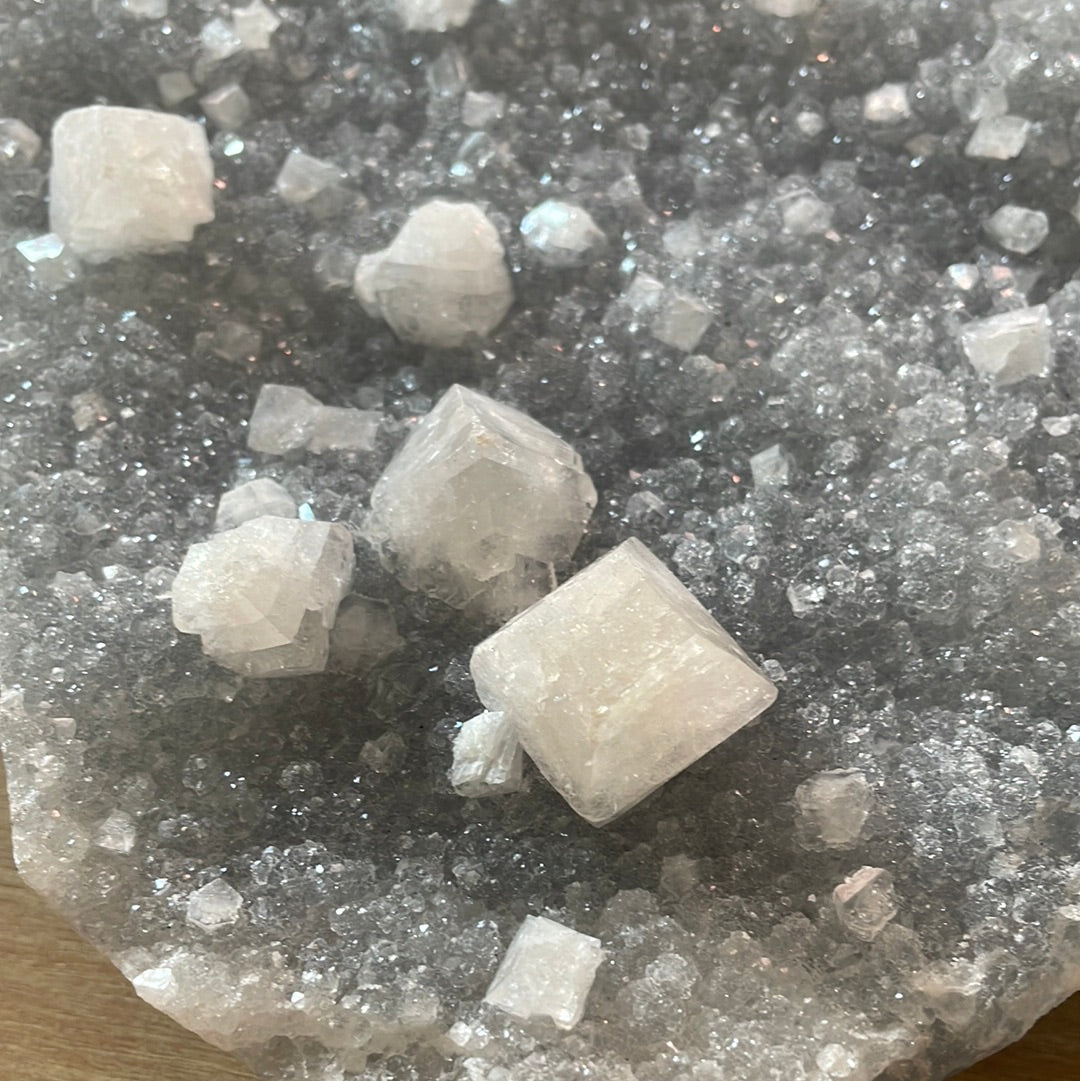 Apophyllite on Blue Chalcedony