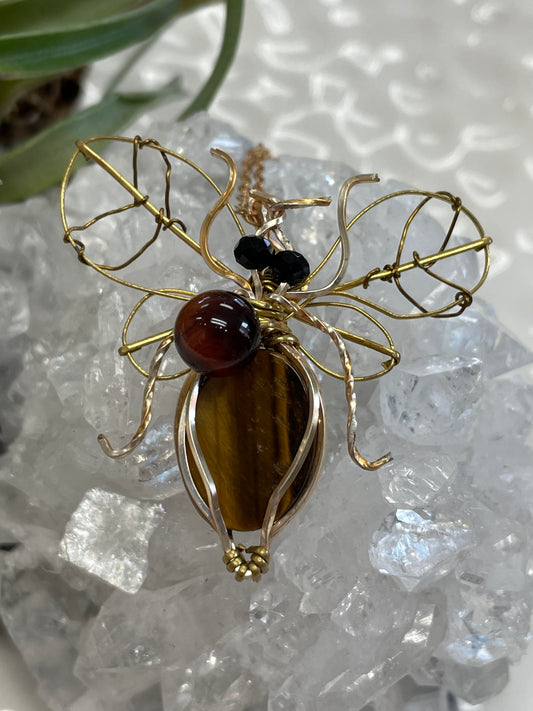 Tiger's Eye Wire Wrapped Bee Necklace